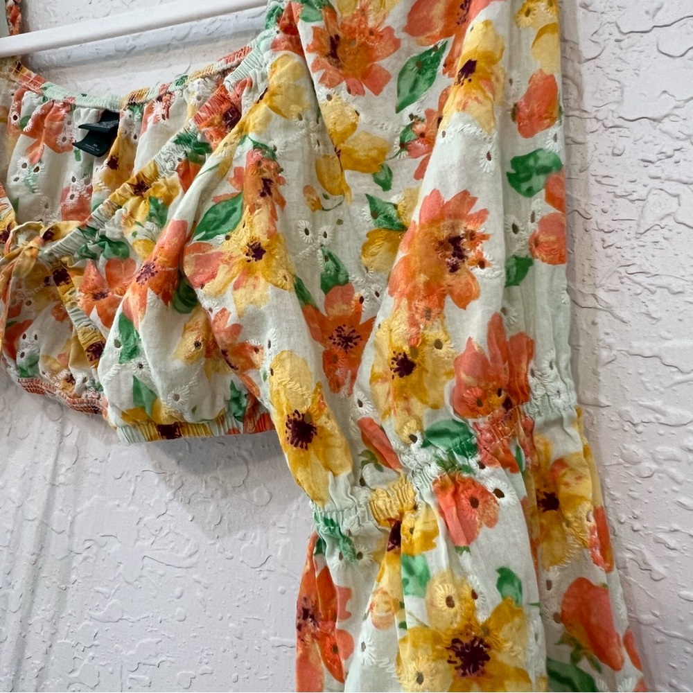 Wild Fable Puff Long Sleeve Alkaid Tiny Top Floral Eyelet Front Tie Size M - Picture 5 of 12